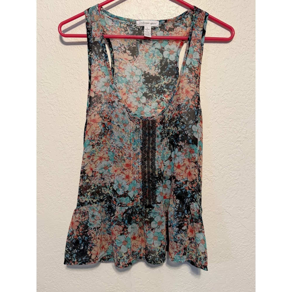 Ambiance Apparel Floral Lace Trim Racerback Peplum Tank Top Multi Color Large
